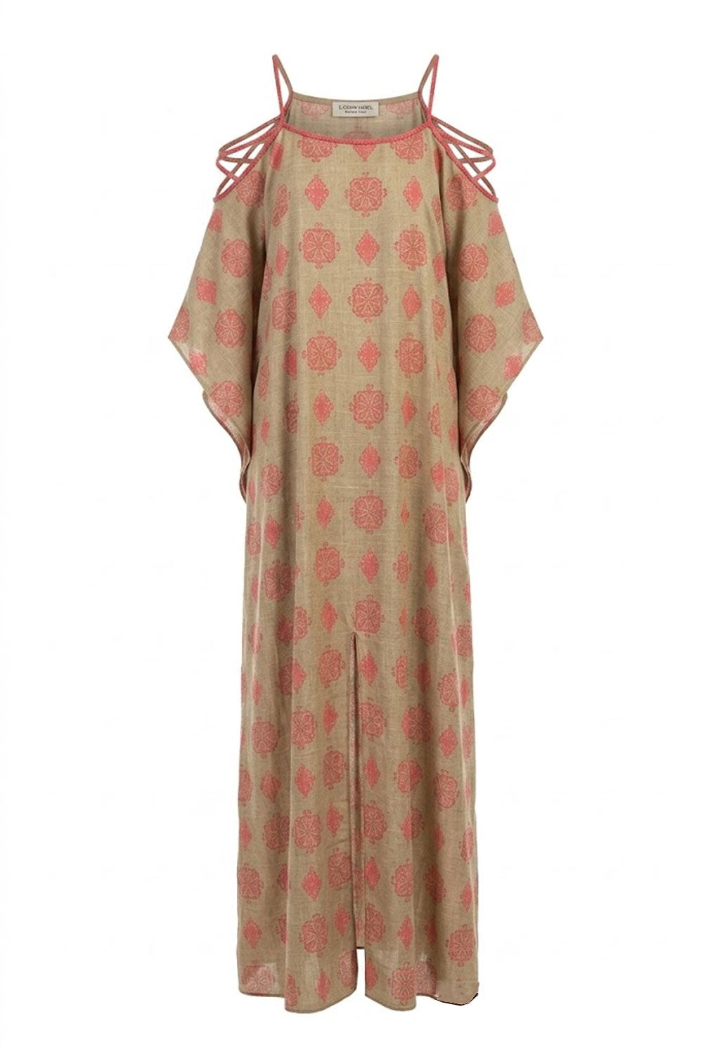 Donna Abito Lungo Karamell Cotone Omeri Scoperti Corda Fucsia