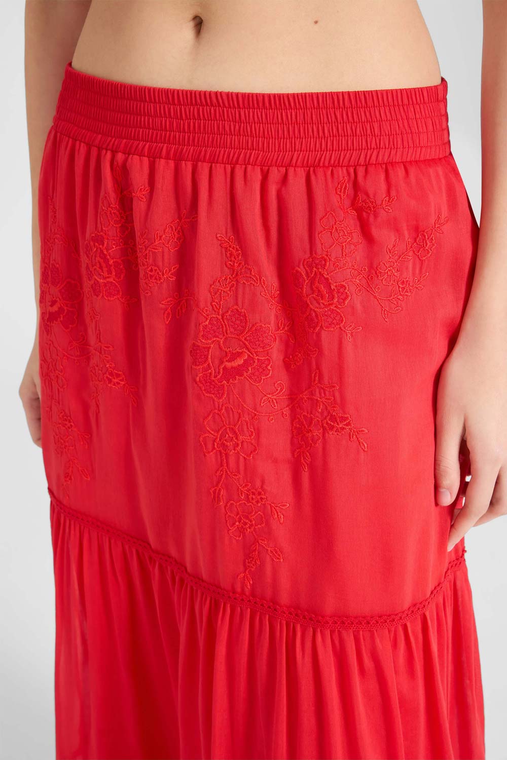 Donna Gonna Lunga Ermanno Scervino a Balze Rosso Ricamo Floreale
