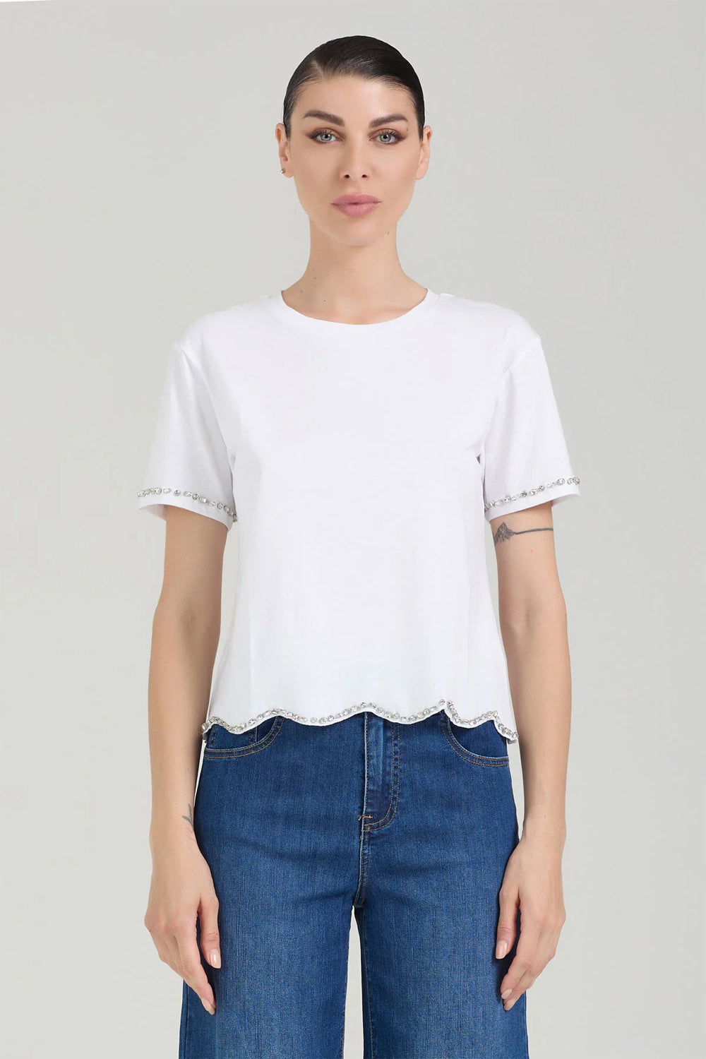 Donna T-shirt Take Two Cotone Bianco Applicazioni Gioiello