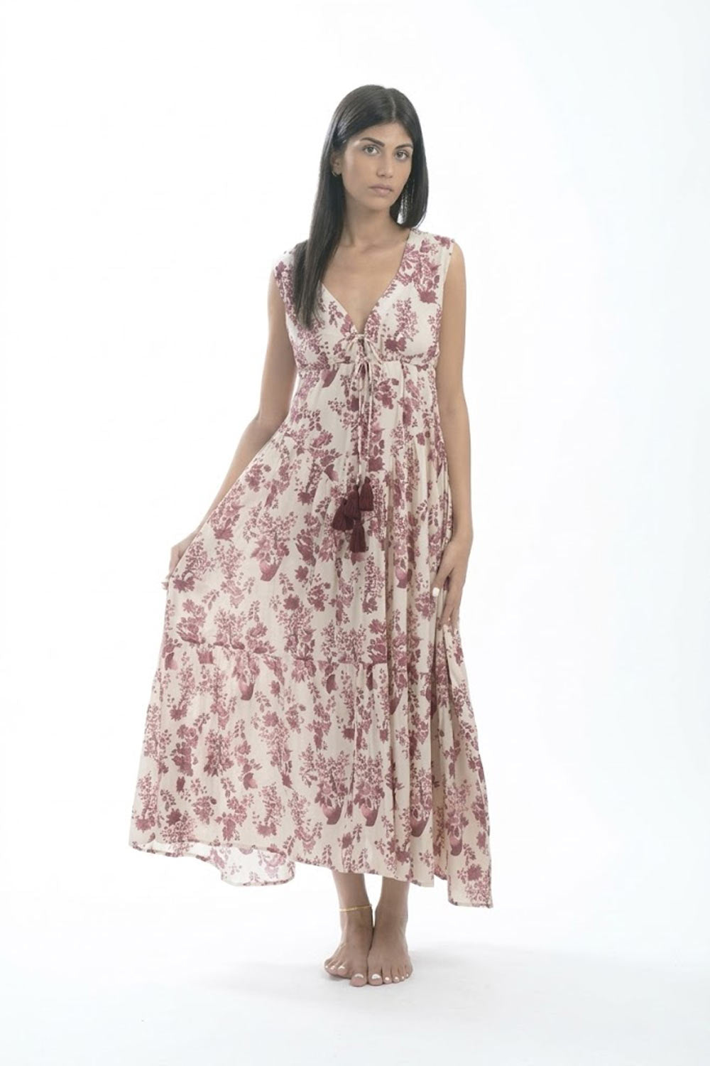 Donna Abito Lungo Karamell Cotone Fantasia Bordeaux Beige