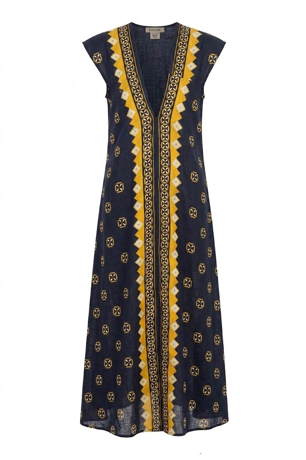 Donna Abito Lungo Karamell Cotone Fantasia Etnica Nero Giallo