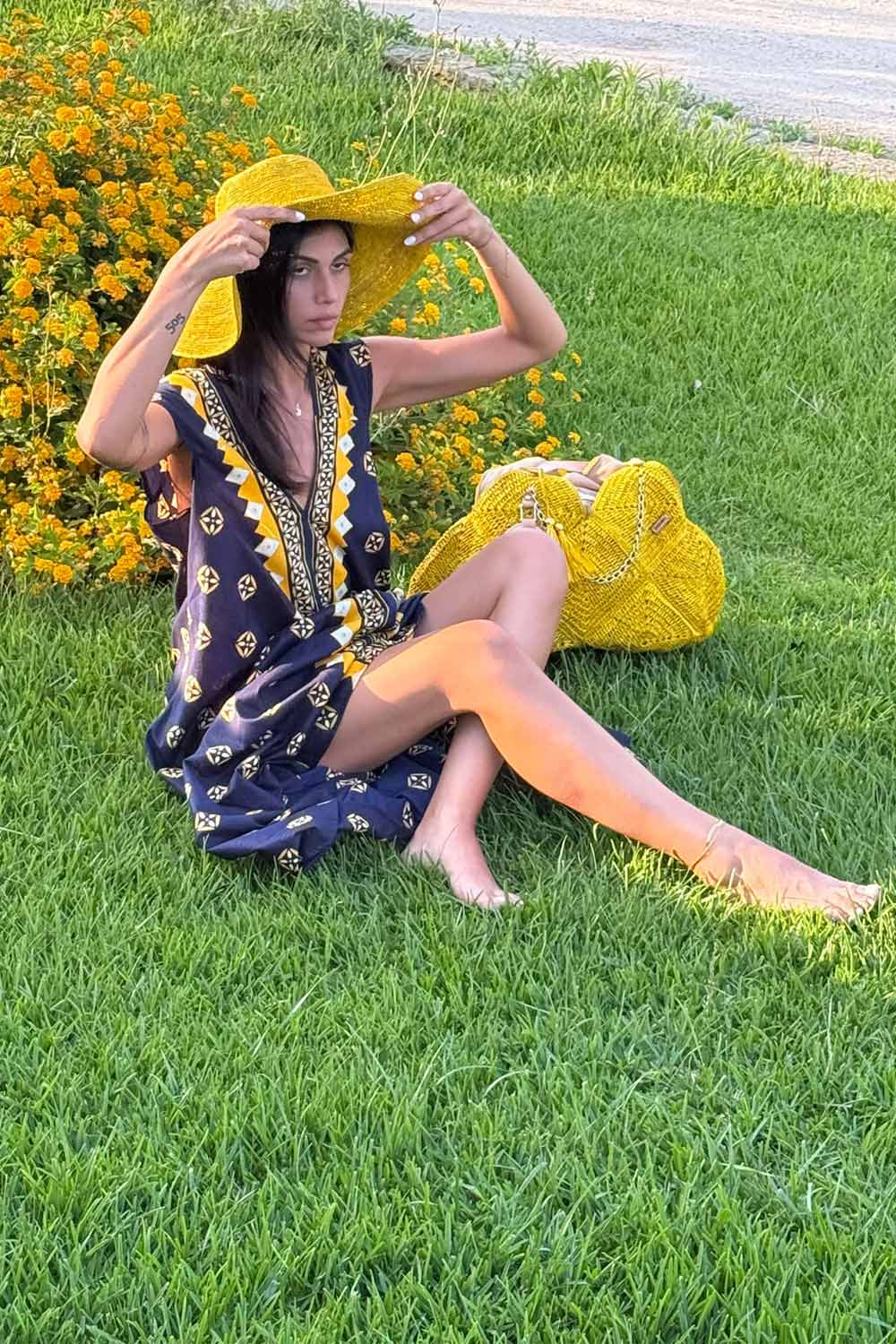 Donna Abito Lungo Karamell Cotone Fantasia Etnica Nero Giallo