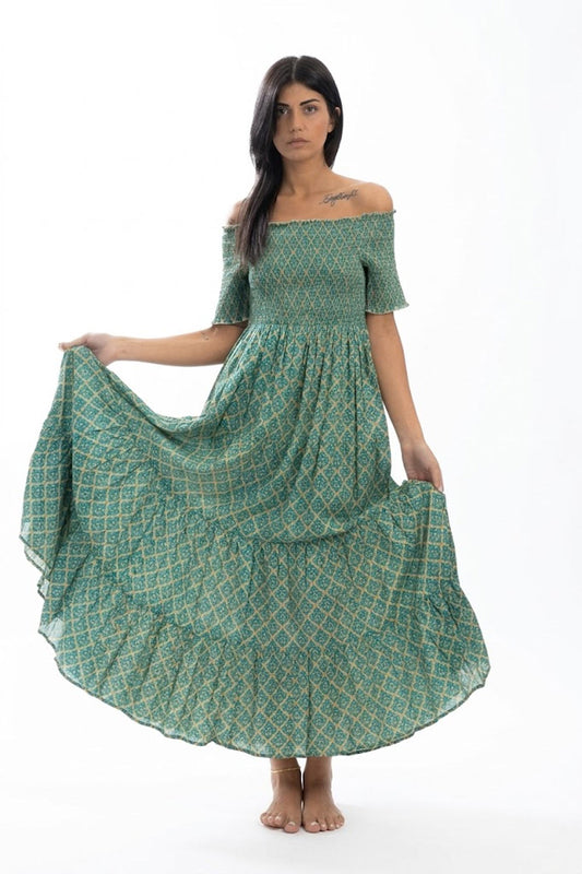 Donna Abito Karamell Cotone Fantasia Verde Elasticizzato