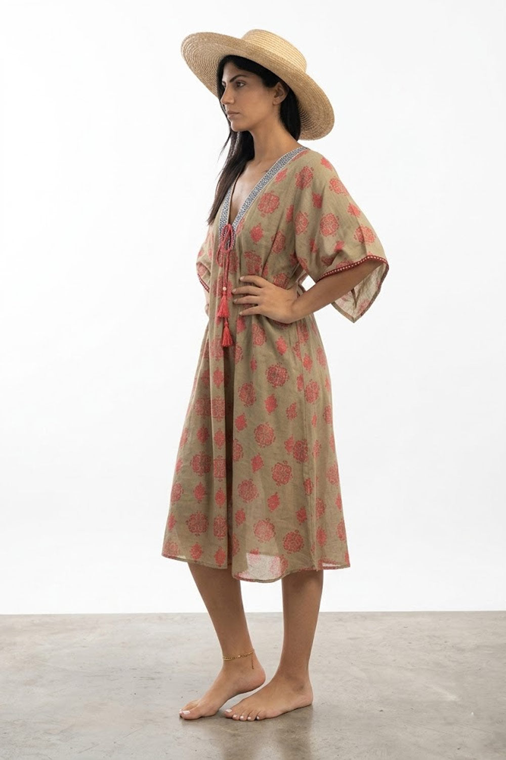 Donna Abito Karamell Cotone Manica 3/4 Fantasia Corda Fucsia