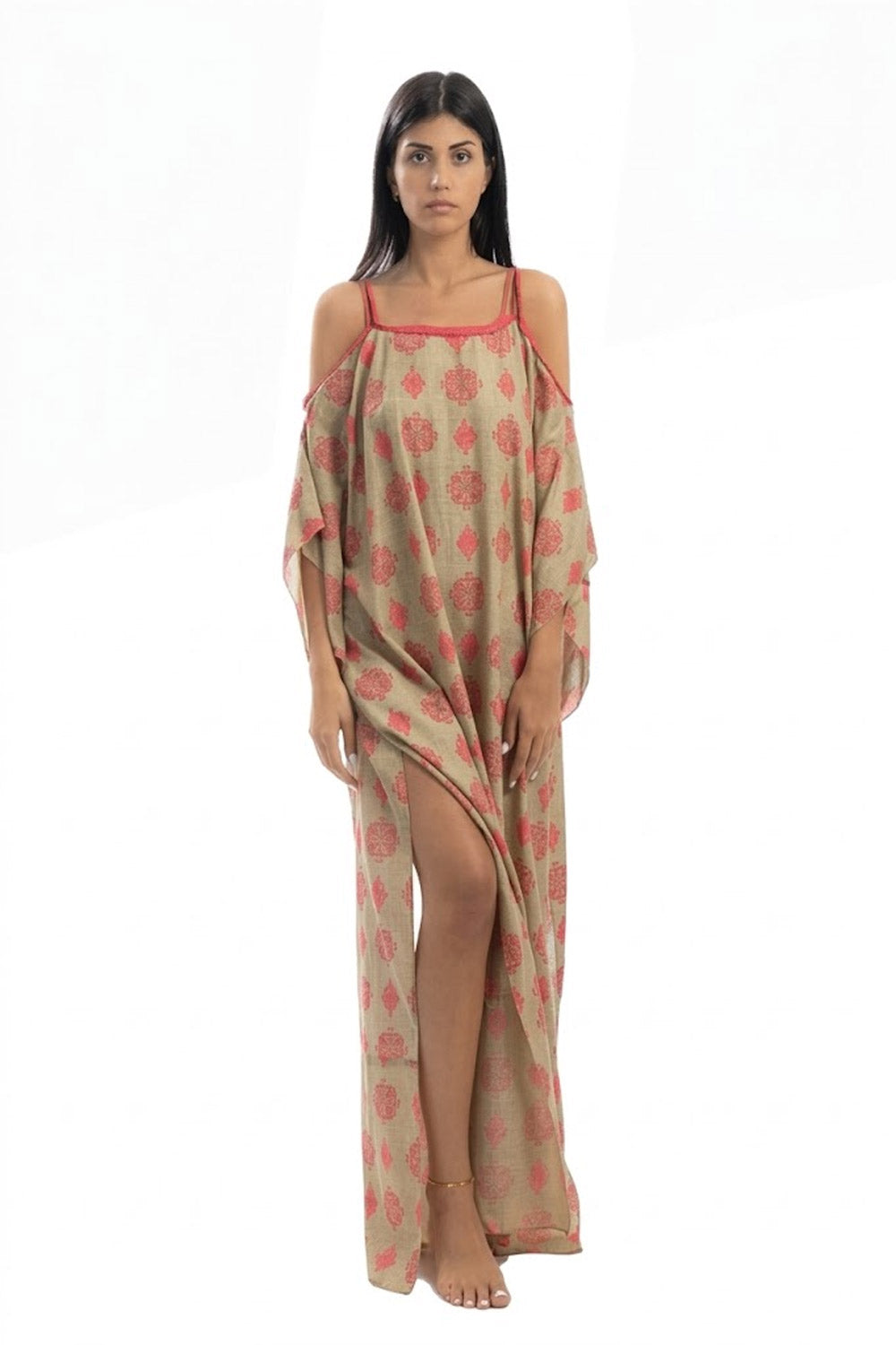 Donna Abito Lungo Karamell Cotone Omeri Scoperti Corda Fucsia