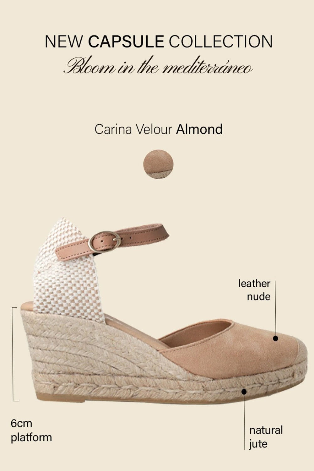 Genuins - espadrillas con zeppa carina velour g105914 mandorla