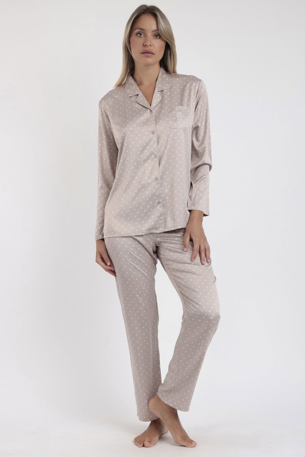 Admas - pigiama lungo satinato pois 62649-0-112 beige