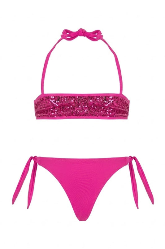 Bimba Bikini Fascia 4GIVENESS Fucsia con Paillettes e Slip a Nodi