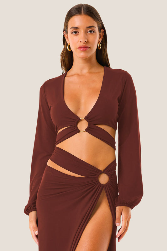 Donna Top 4Giveness Soft Touch Marrone Manica Lunga Dettaglio Anello