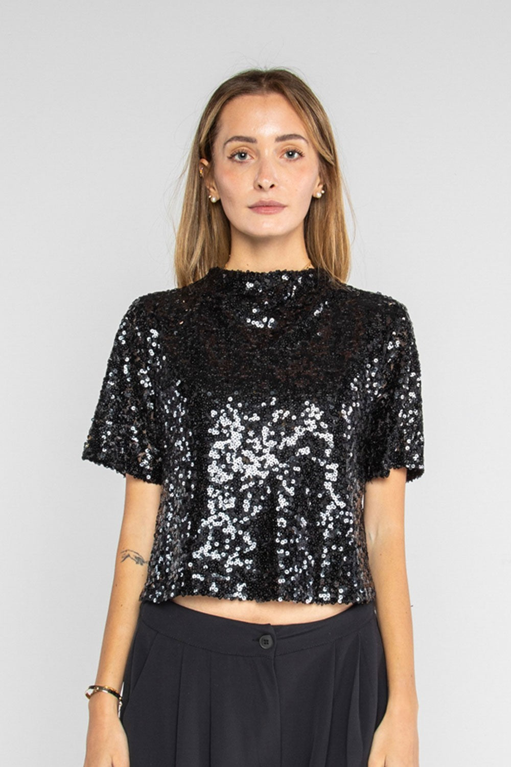 Lokita - top manica corta paillettes 9 lok11154 nero