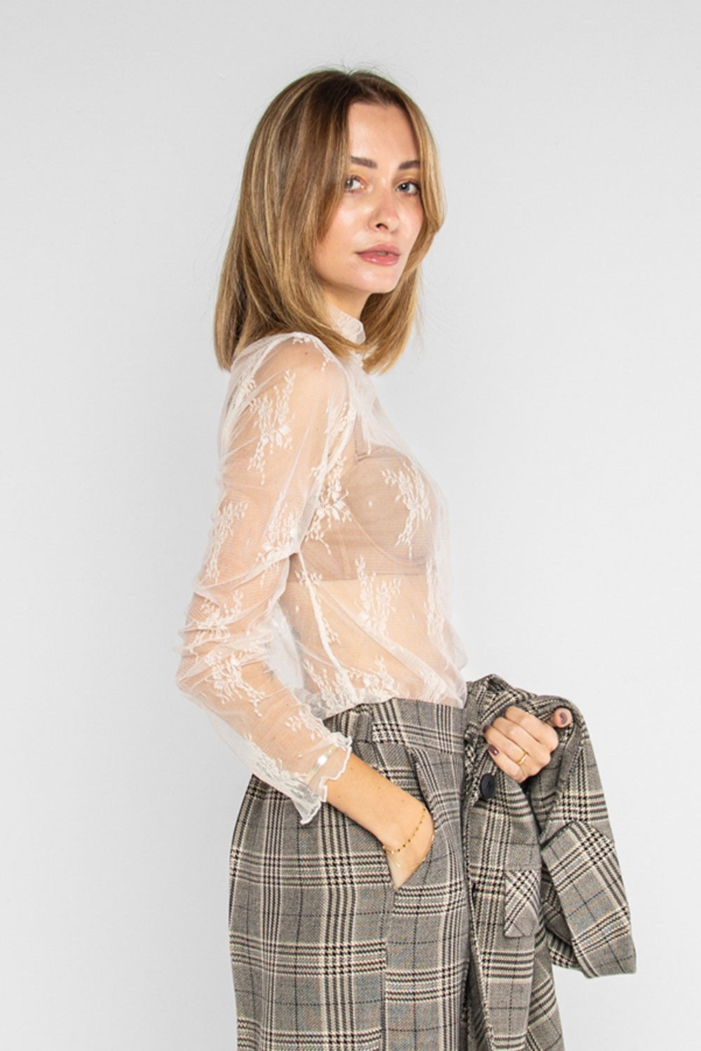 Lokita - top sotto giacca in pizzo semitrasparente 1113 lok133 panna