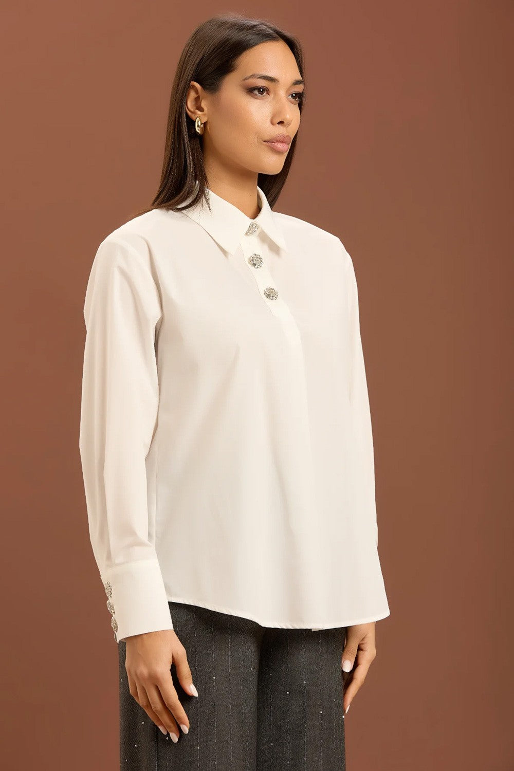 Take two - camicia over in popeline con bottoni gioiello dt02002 bianca