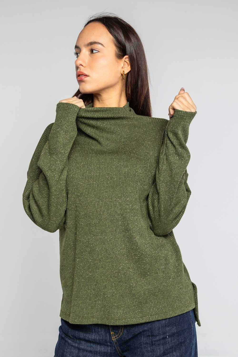 Lokita - maglia scollo cratere in costina filo lamè 999 lok10927 verde