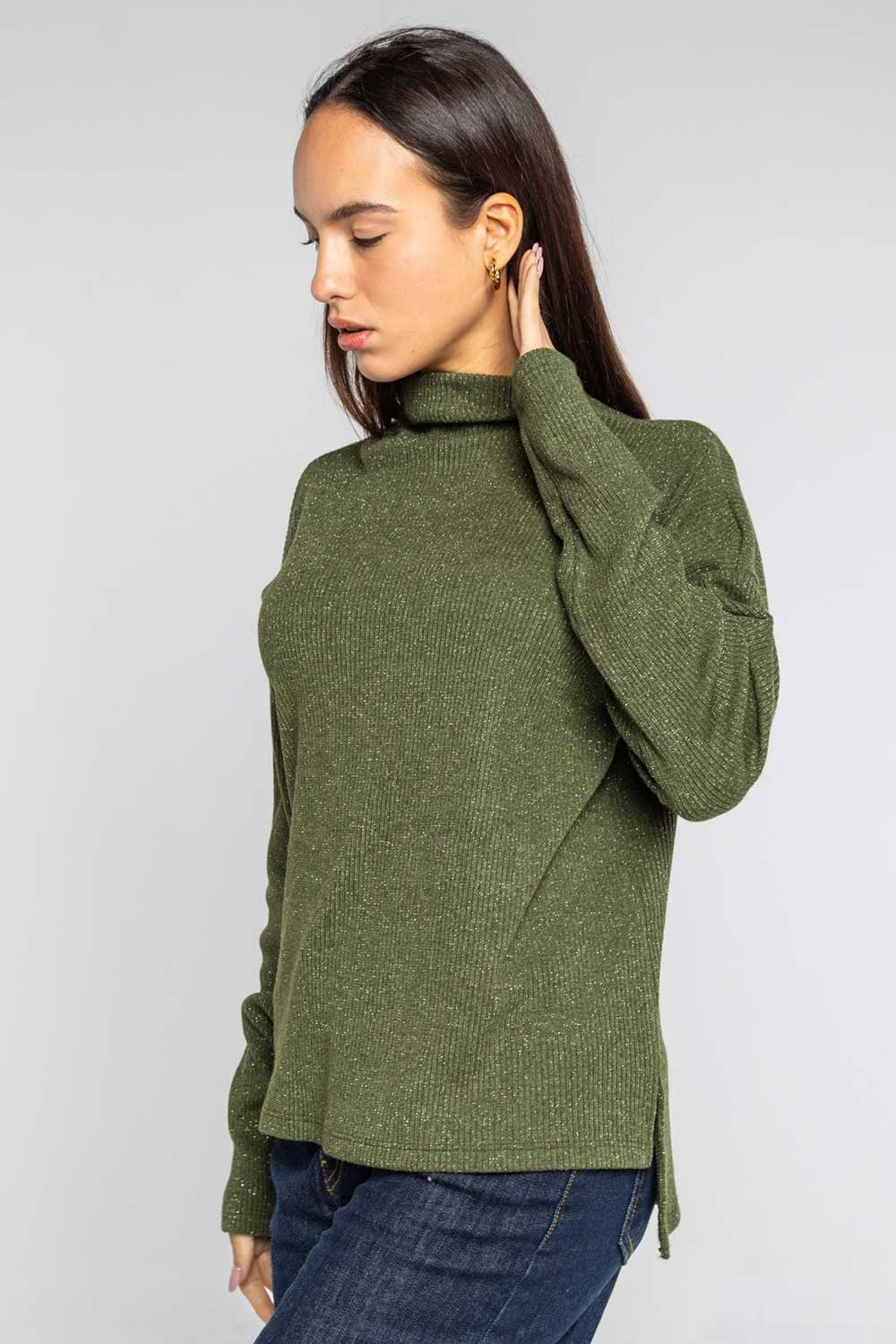 Lokita - maglia scollo cratere in costina filo lamè 999 lok10927 verde