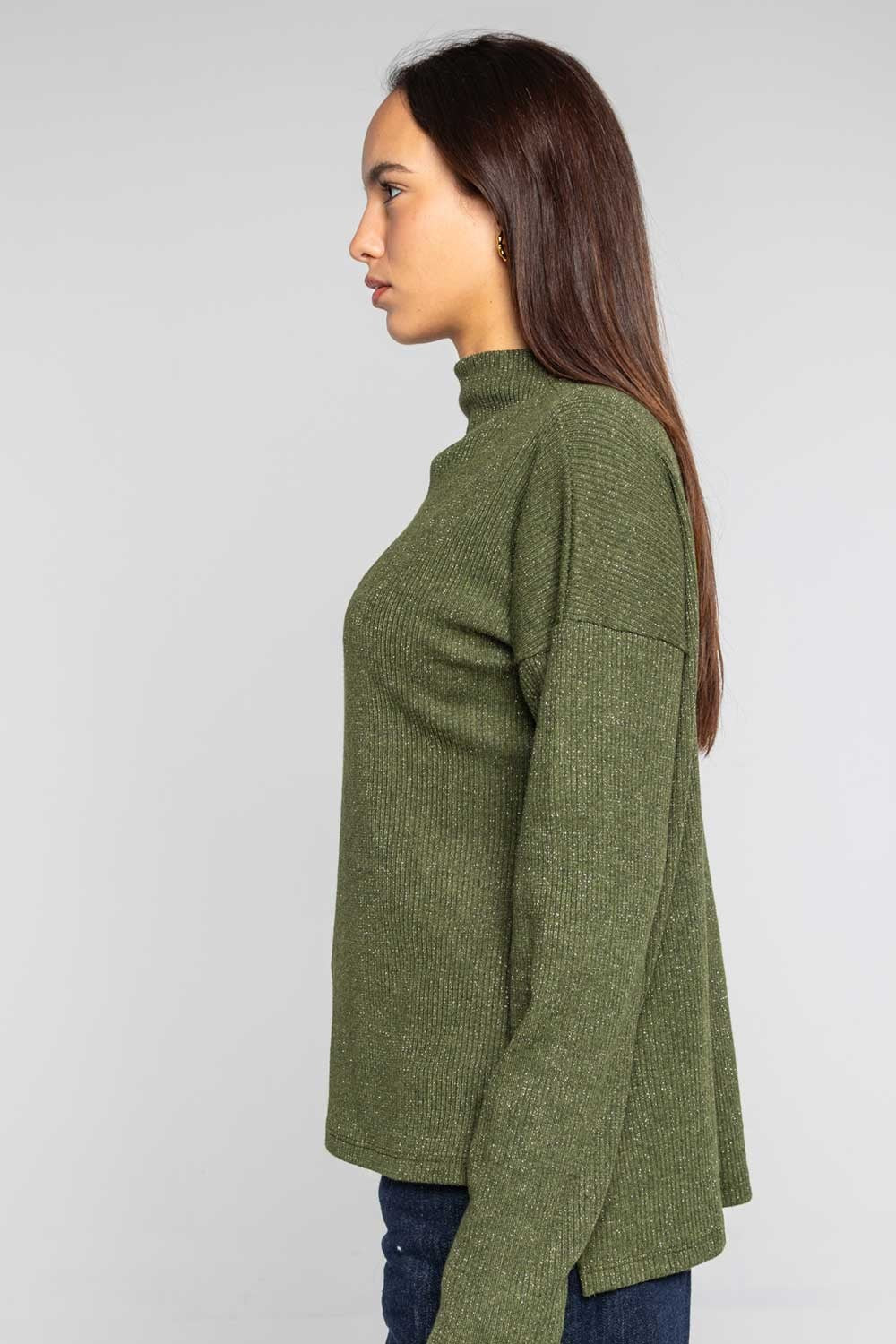 Lokita - maglia scollo cratere in costina filo lamè 999 lok10927 verde