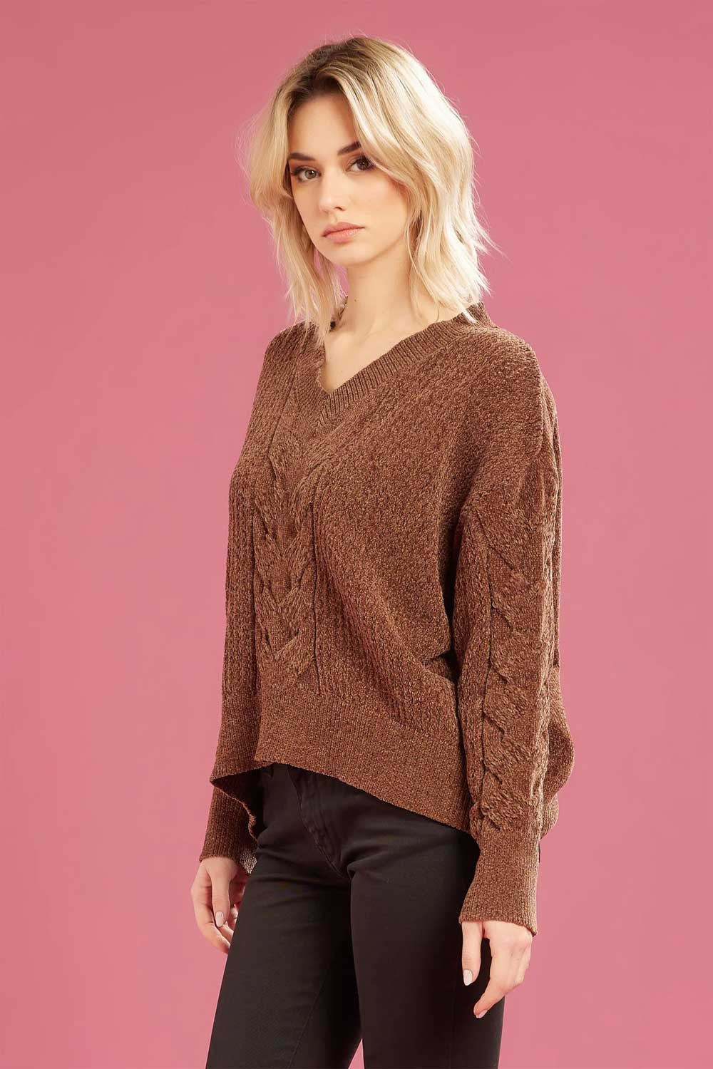 Fresh flower - maglia scollo a v ciniglia ff718 cioccolato