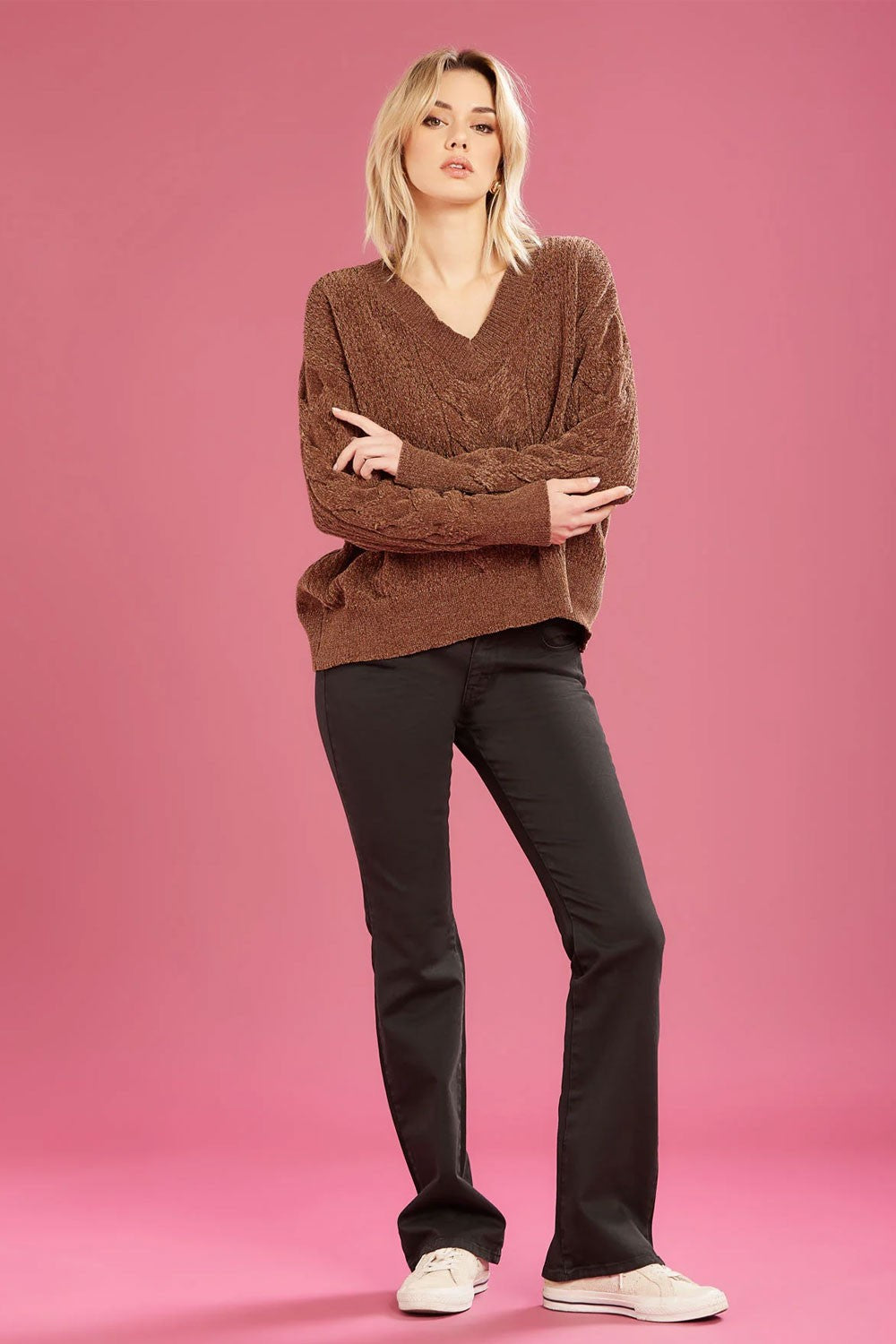 Fresh flower - maglia scollo a v ciniglia ff718 cioccolato