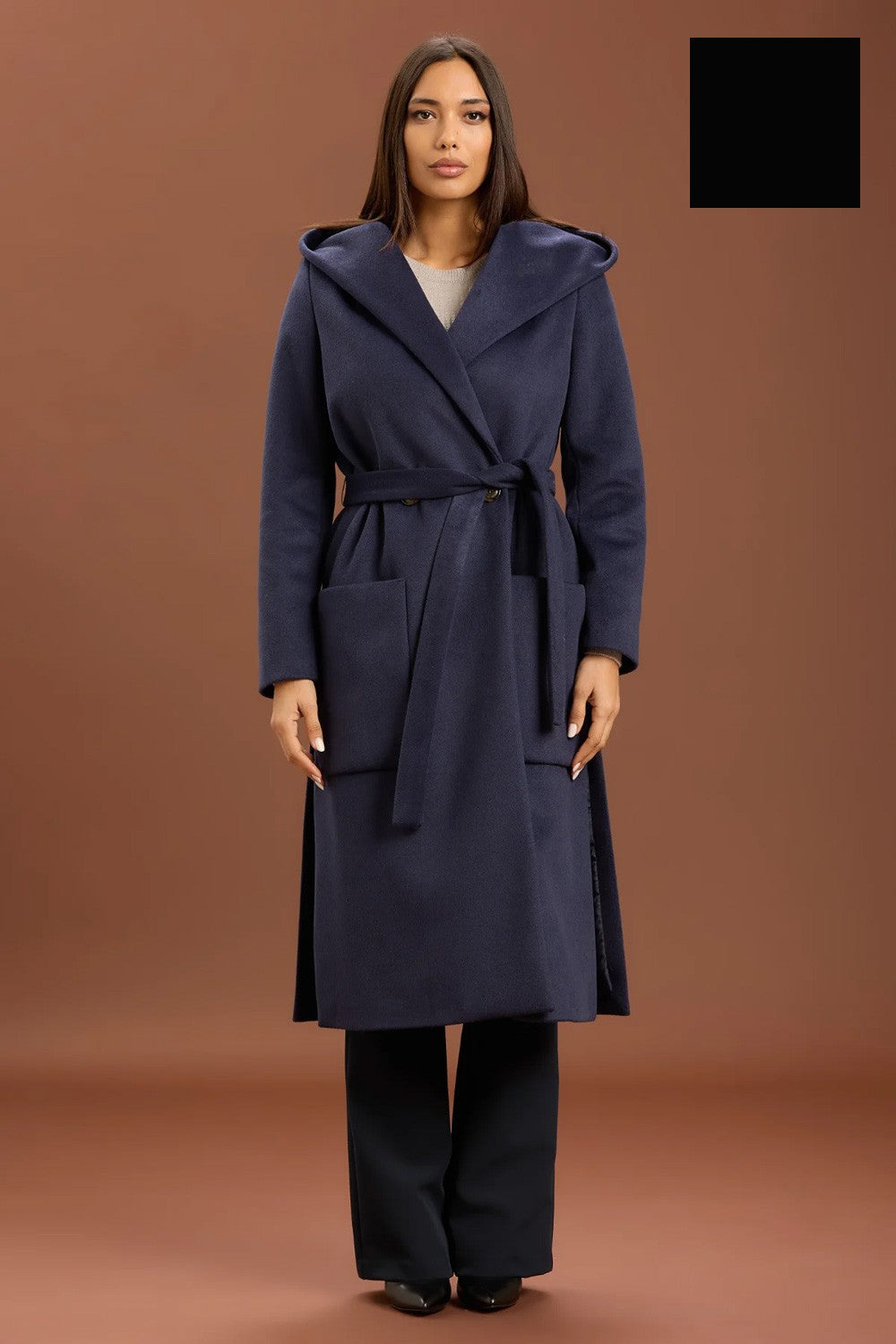 Take two - cappotto lungo con cinta e cappuccio dt01239 nero