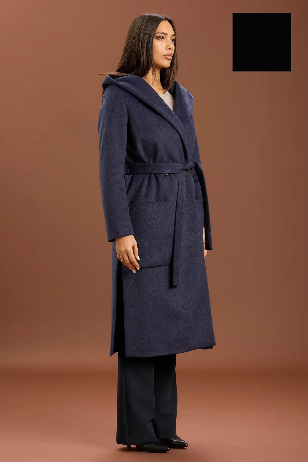 Take two - cappotto lungo con cinta e cappuccio dt01239 nero
