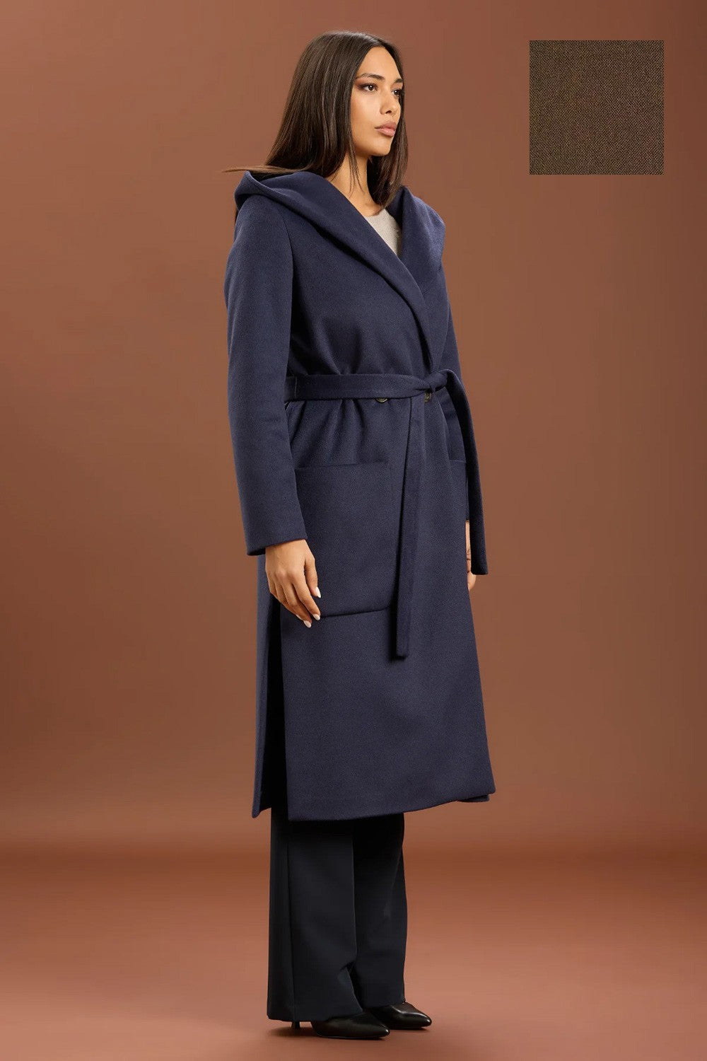Take two - cappotto lungo con cinta e cappuccio dt01239 moro
