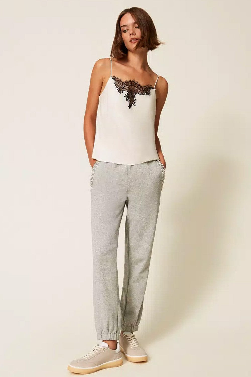 Twinset - pantaloni in felpa con strass e perle 252li2mdd 00082