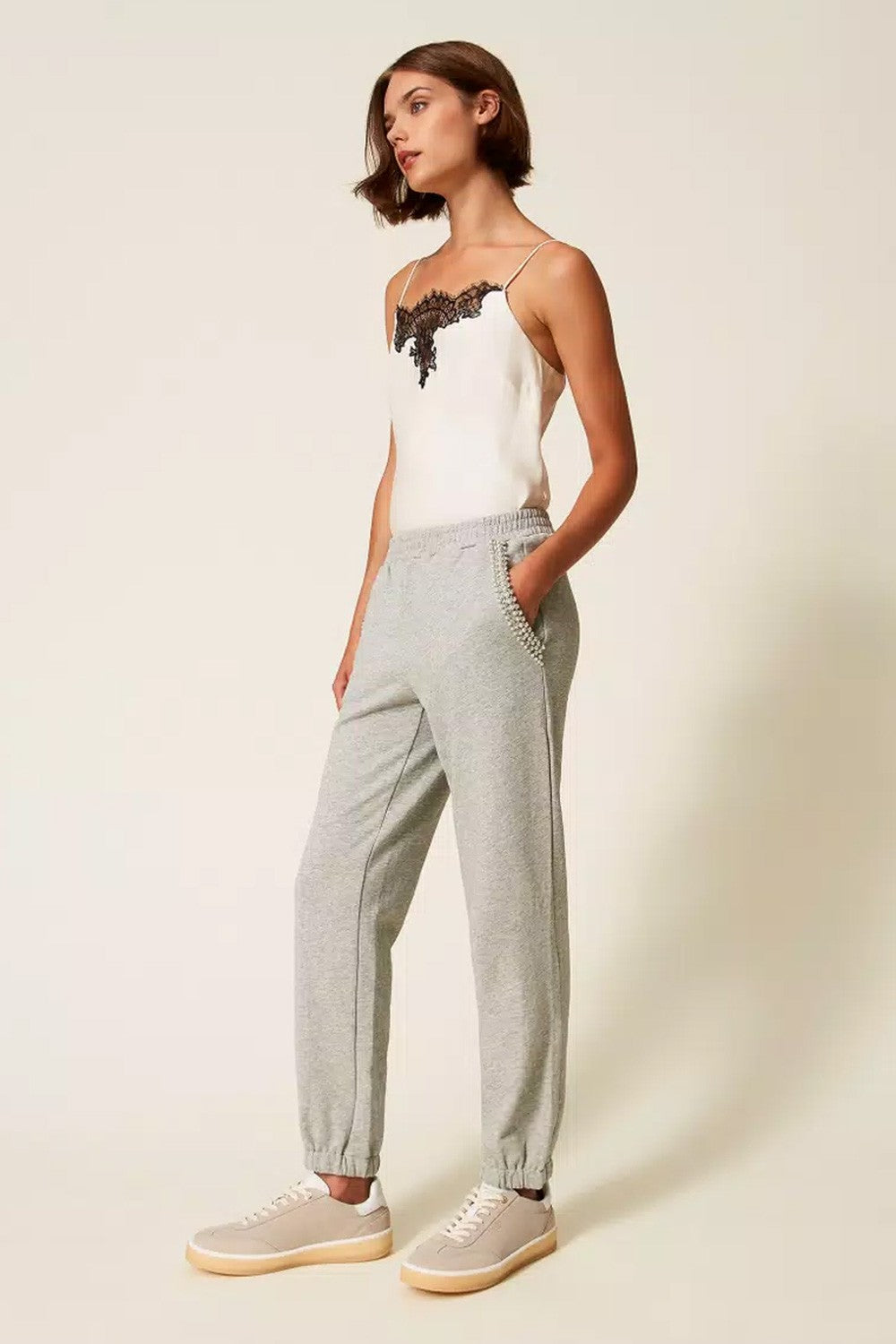 Twinset - pantaloni in felpa con strass e perle 252li2mdd 00082