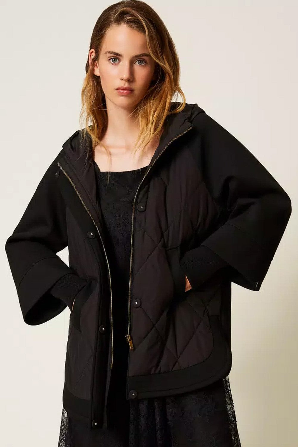 Twinset - caban in tessuto scuba e nylon 252li2caa 00006 nero