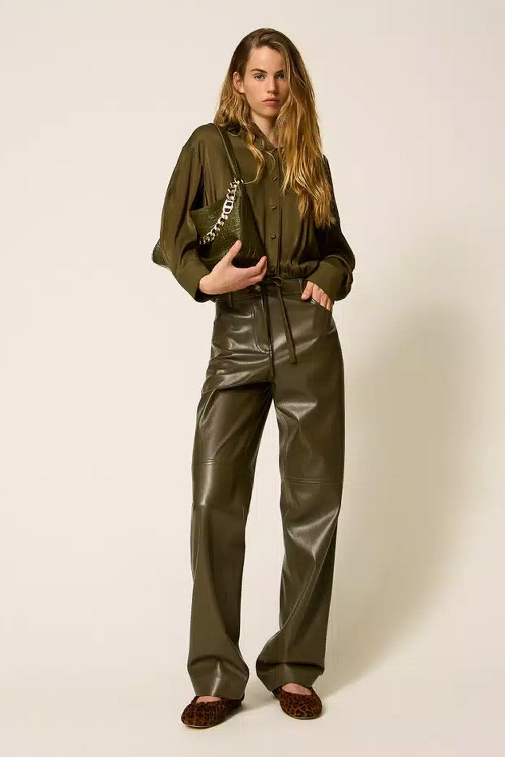 Twinset - pantaloni a sigaretta effetto pelle 252li2ebb 12655 green olive