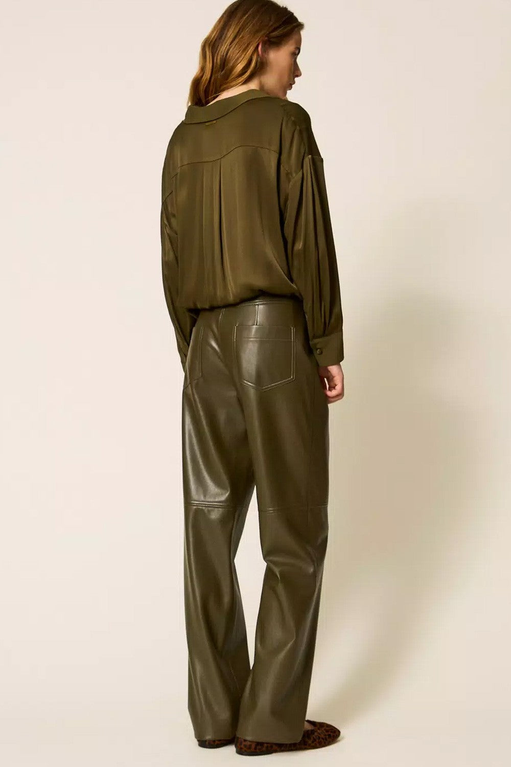 Twinset - pantaloni a sigaretta effetto pelle 252li2ebb 12655 green olive