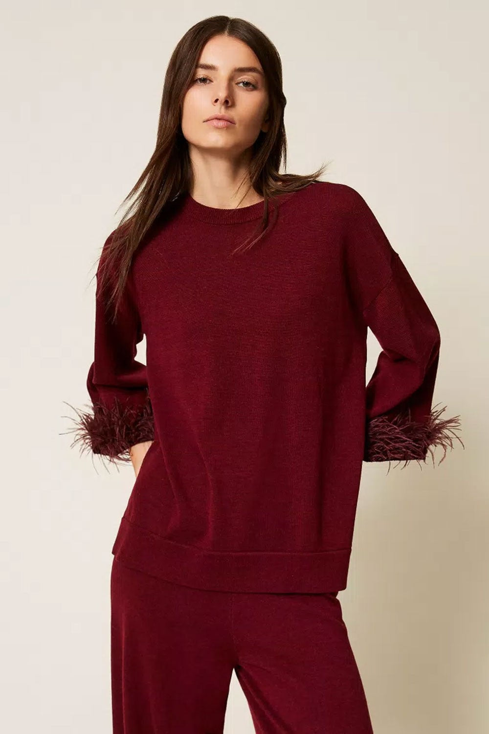 Twinset - maglia in misto lana con piume 252ll3faa 12818 red wine