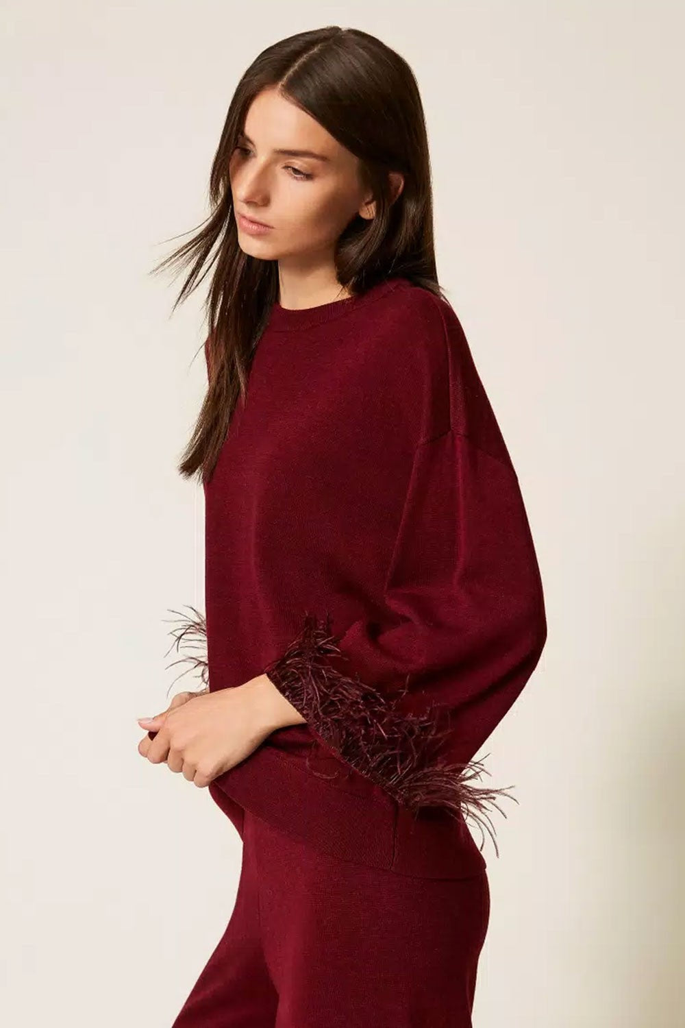Twinset - maglia in misto lana con piume 252ll3faa 12818 red wine