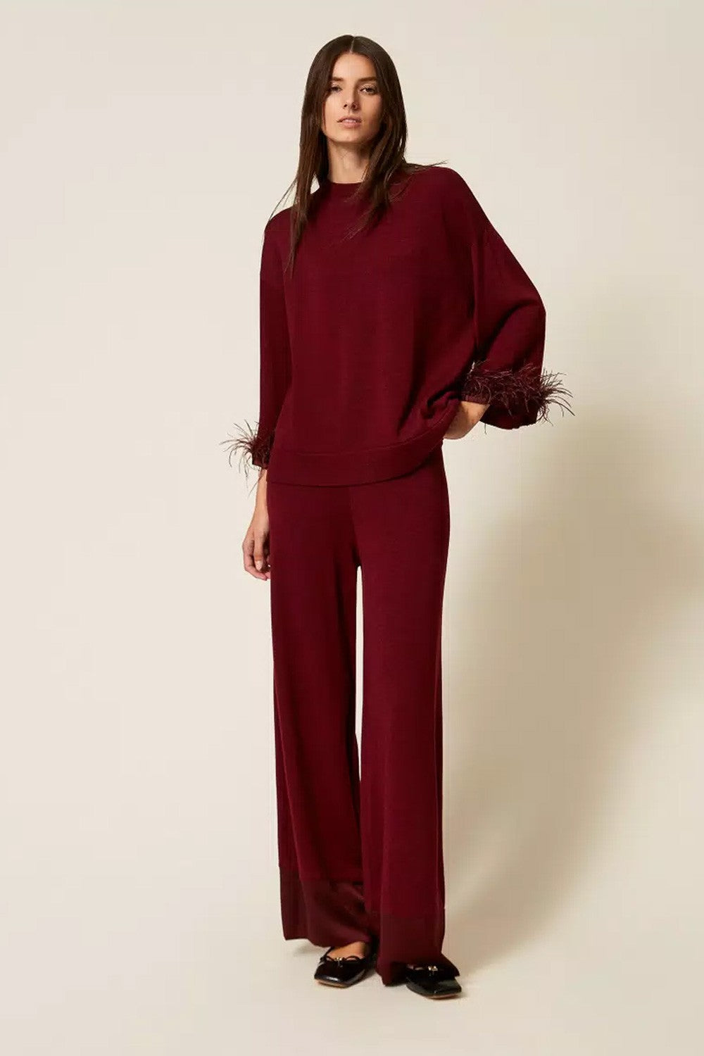 Twinset - pantaloni in misto lana con raso 252ll3fbb 12818 red wine