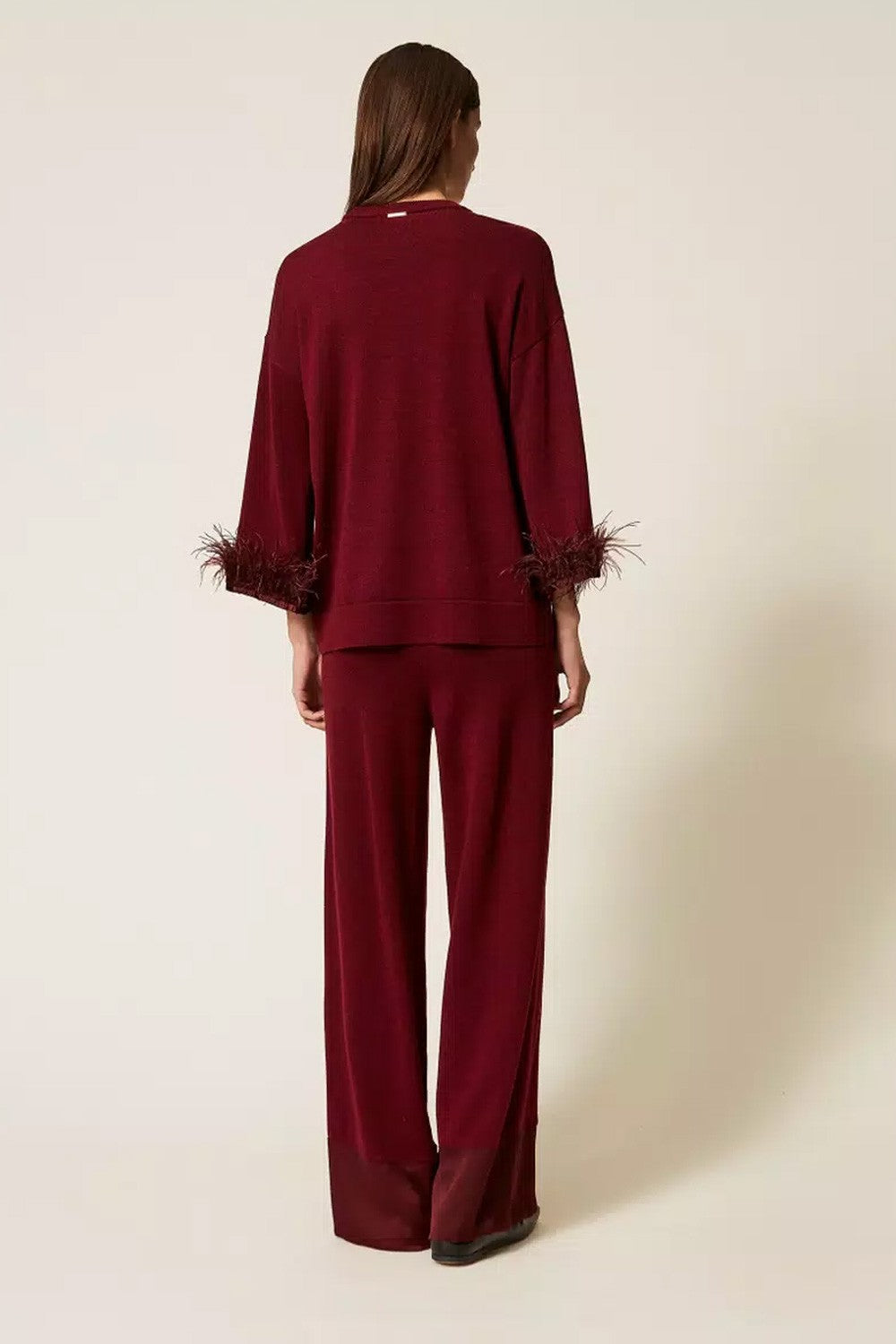 Twinset - pantaloni in misto lana con raso 252ll3fbb 12818 red wine