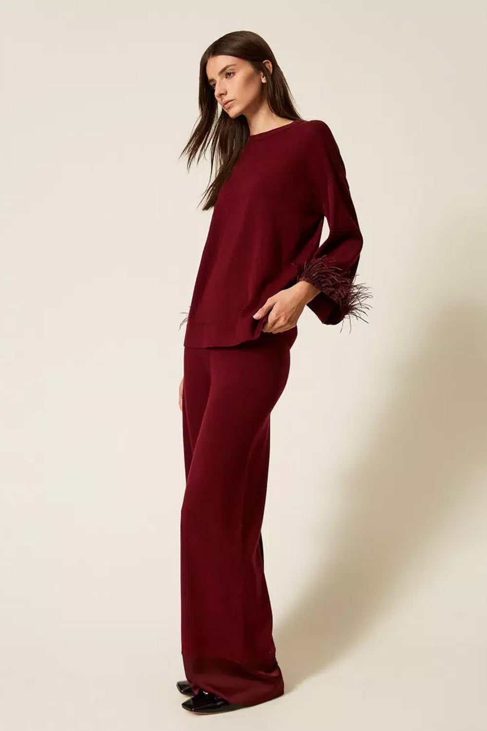 Twinset - pantaloni in misto lana con raso 252ll3fbb 12818 red wine