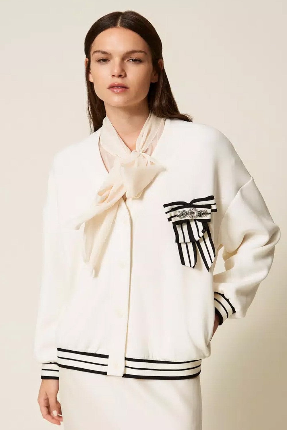 Twinset - cardigan in tessuto scuba con spilla 252ll2gbb 00526 off white