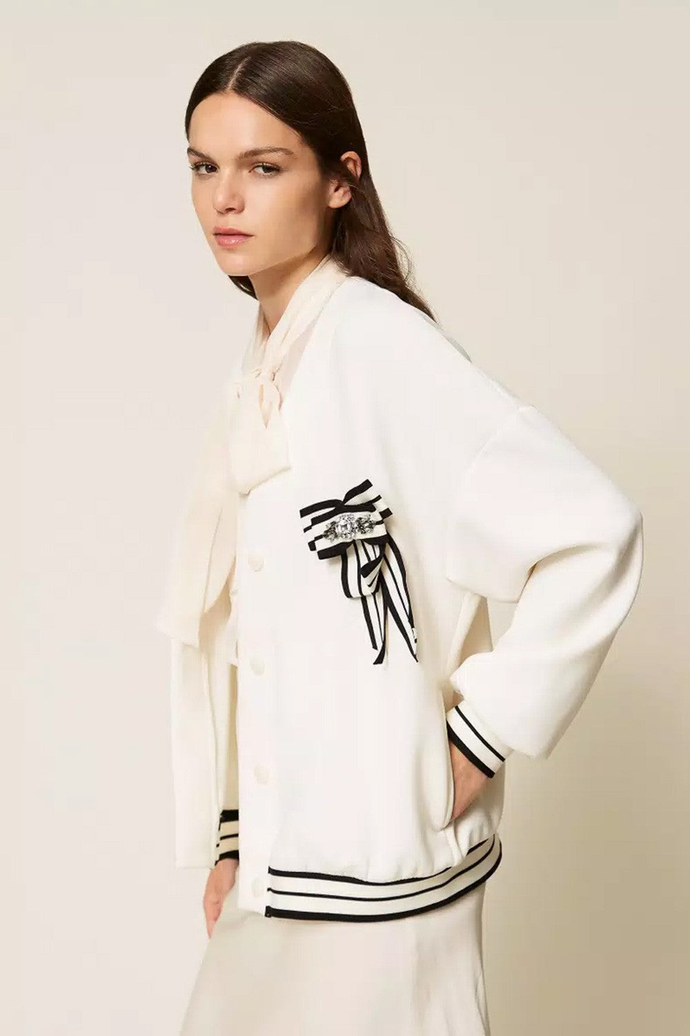 Twinset - cardigan in tessuto scuba con spilla 252ll2gbb 00526 off white
