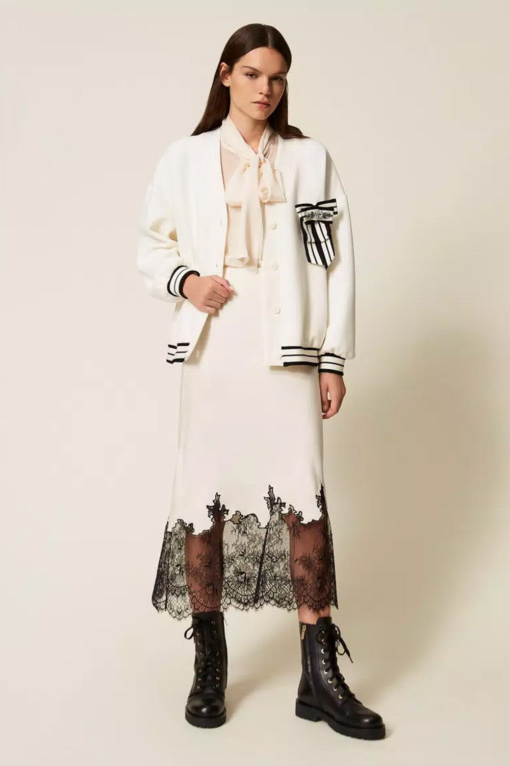 Twinset - cardigan in tessuto scuba con spilla 252ll2gbb 00526 off white