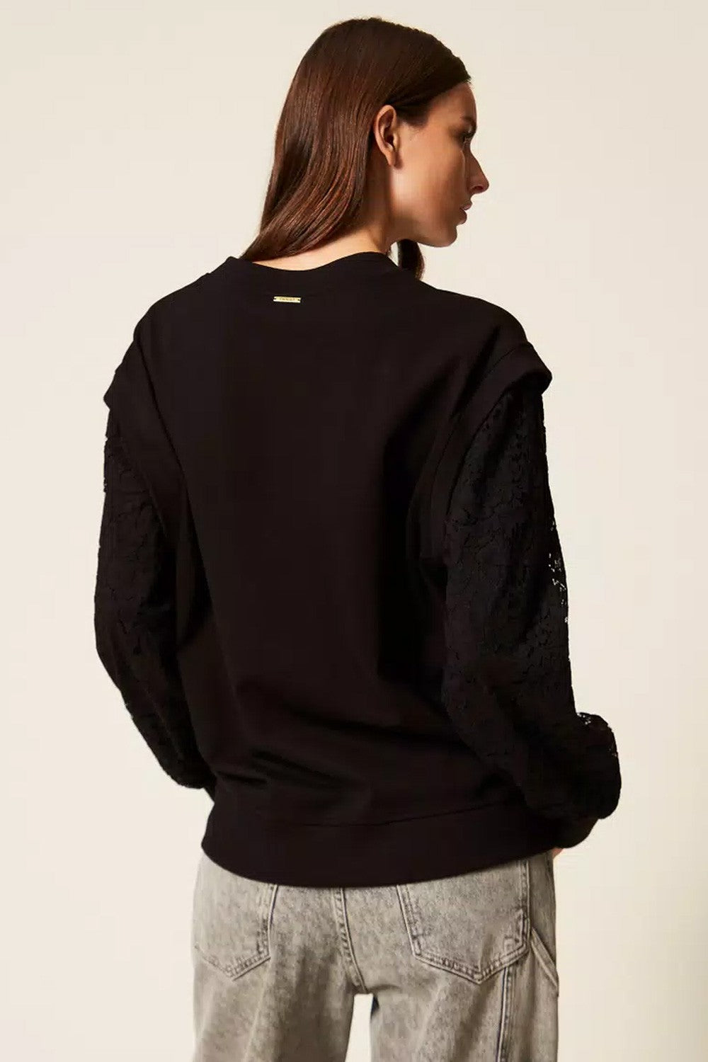 Twinset - felpa con maniche in pizzo 252ll2jcc 00006 nero