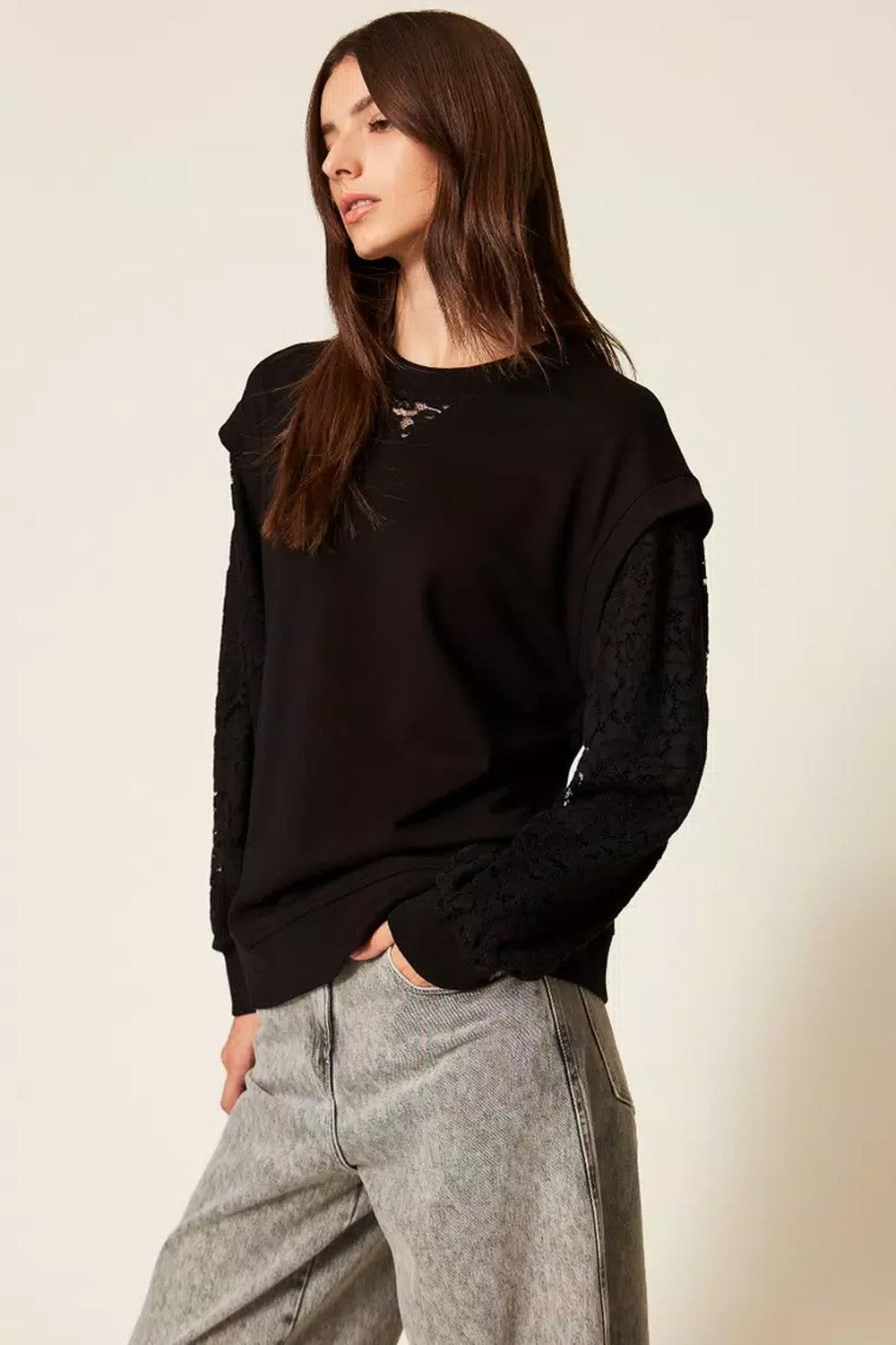 Twinset - felpa con maniche in pizzo 252ll2jcc 00006 nero