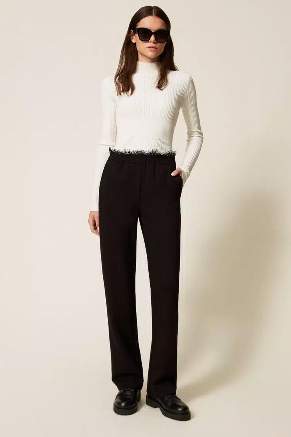 Twinset - pantaloni dritti in felpa con pizzo 252ll2jdd 00006 nero