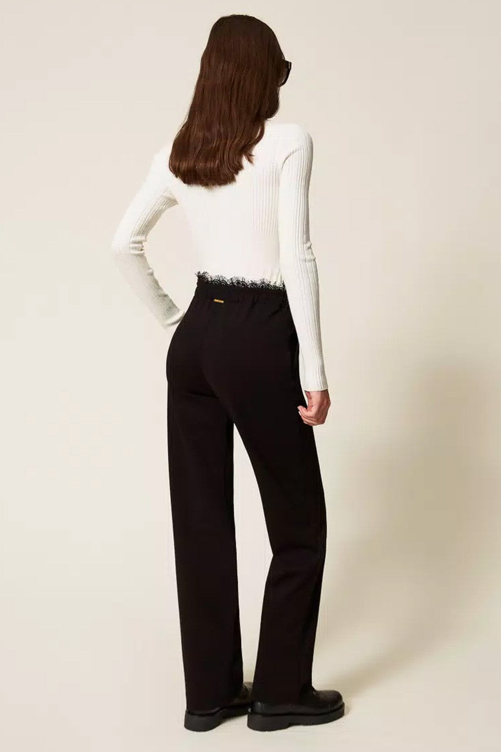Twinset - pantaloni dritti in felpa con pizzo 252ll2jdd 00006 nero