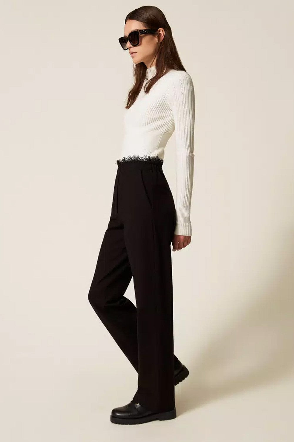 Twinset - pantaloni dritti in felpa con pizzo 252ll2jdd 00006 nero