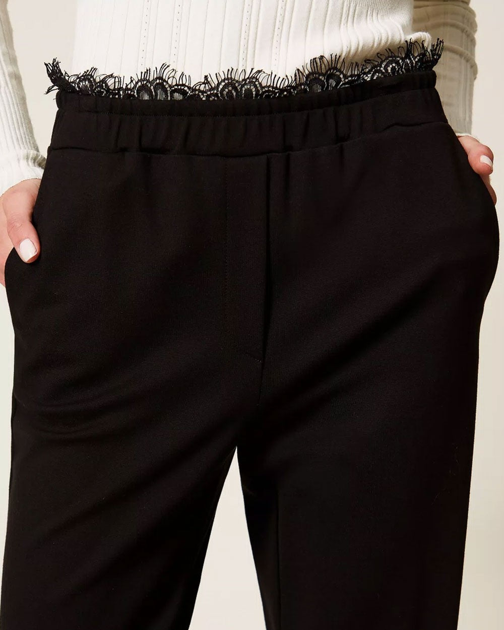 Twinset - pantaloni dritti in felpa con pizzo 252ll2jdd 00006 nero
