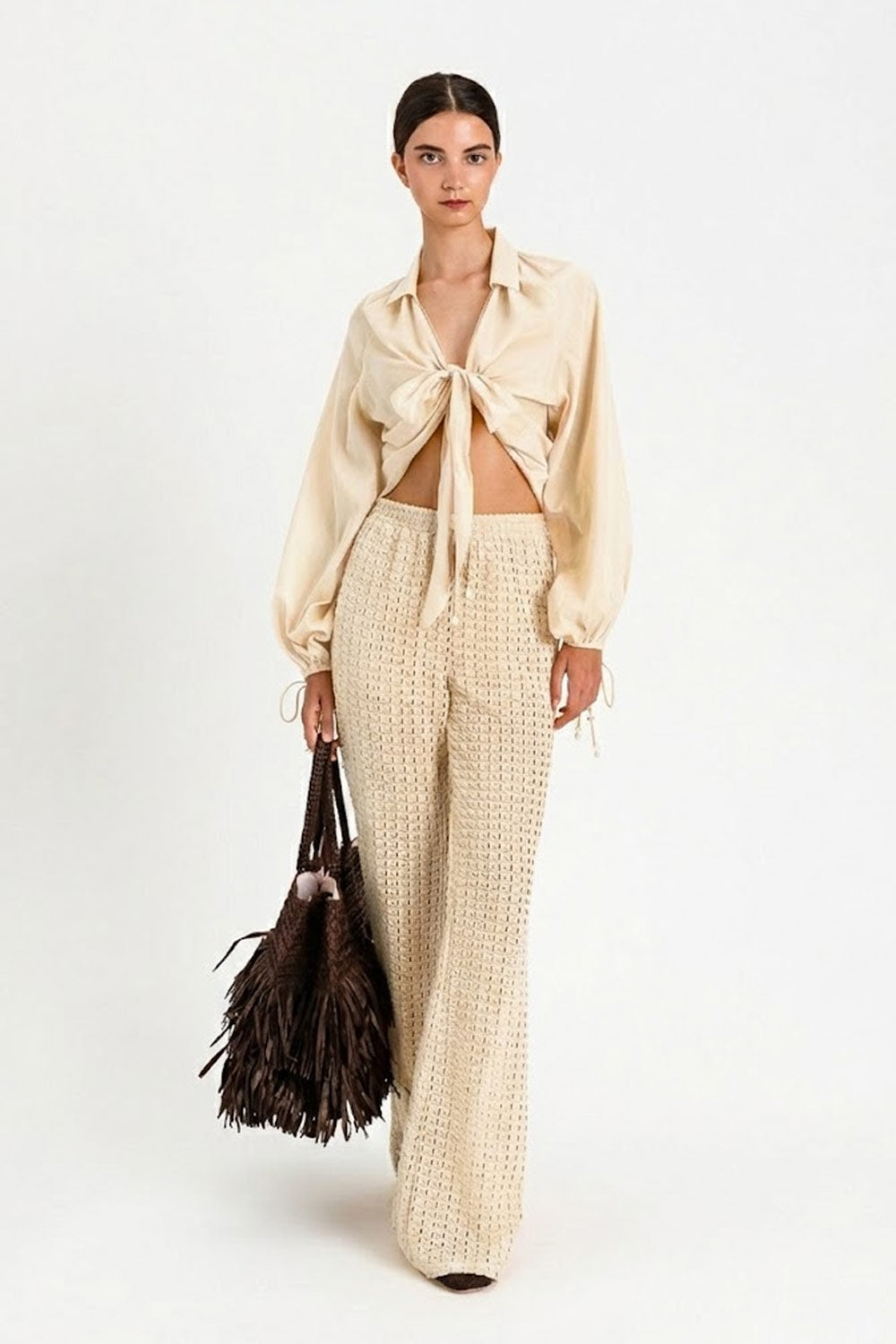 TwinSet - Pantalone lungo off white traforato