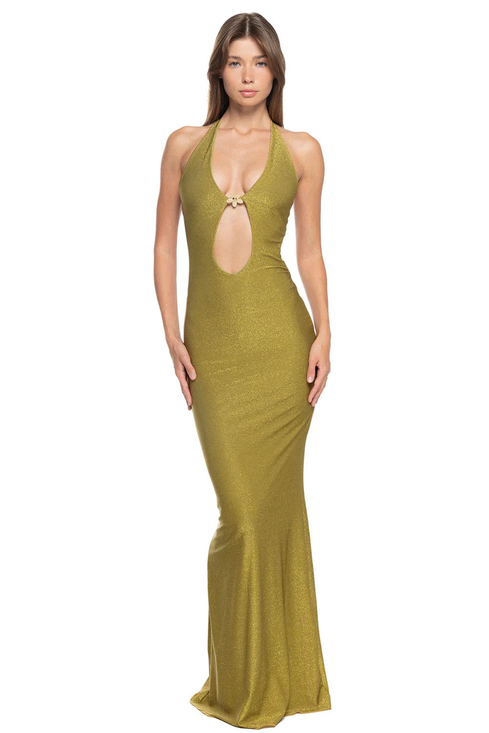 Donna Abito Lungo Atena Golden Lime SAND Maglia Shiny Gioiello