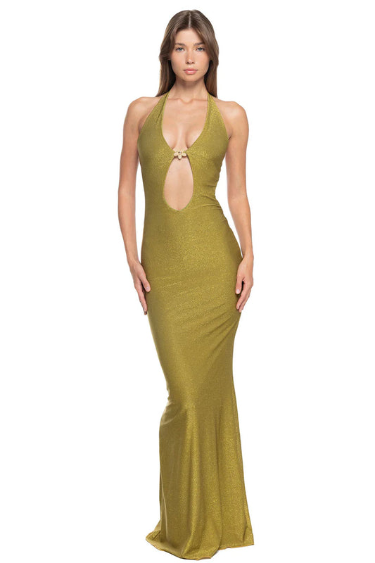 Donna Abito Lungo Atena Golden Lime SAND Maglia Shiny Gioiello