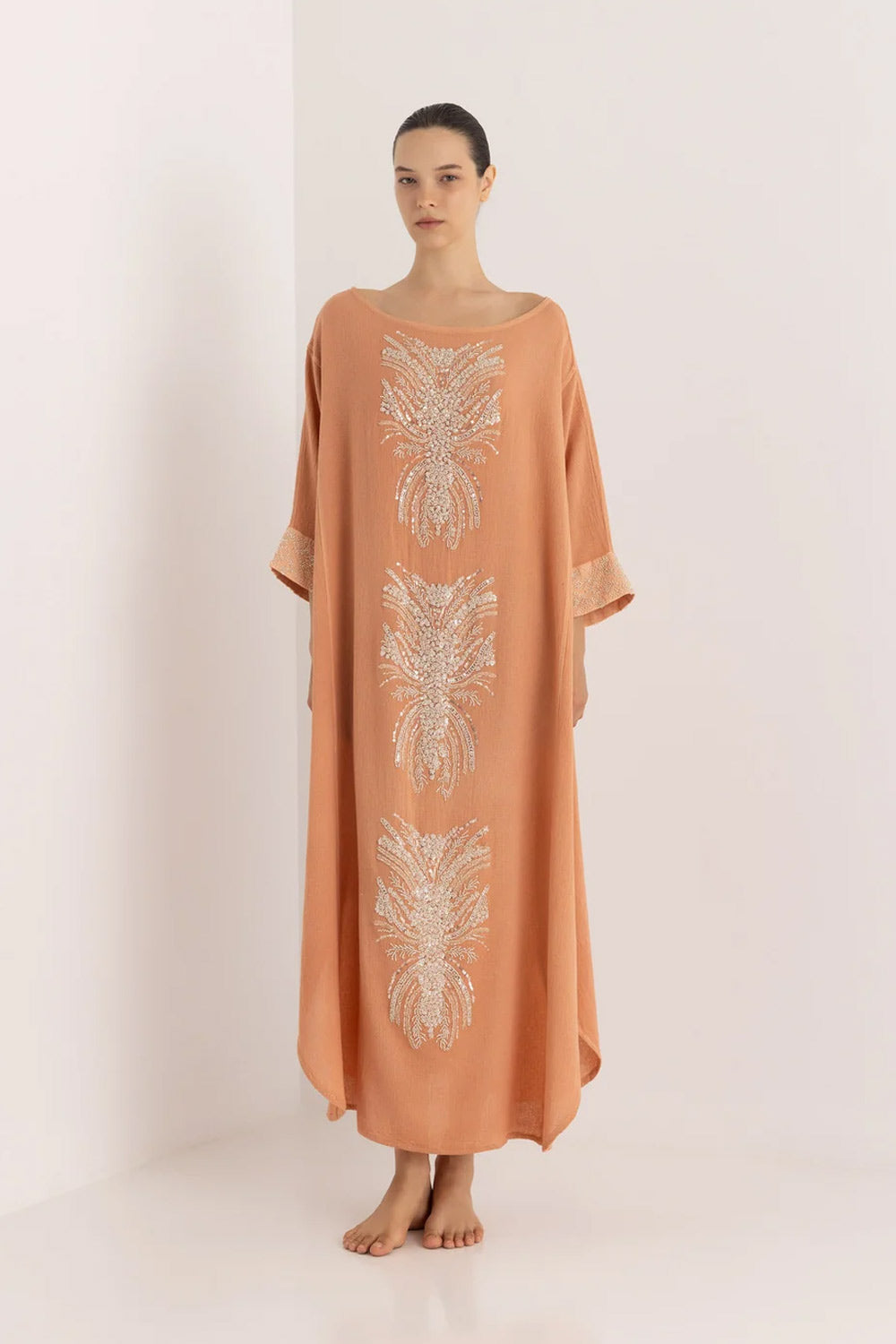 Donna Maxi Caftano CHRISTIAN ZEN Ariadne in Cotone con Perline Pesca