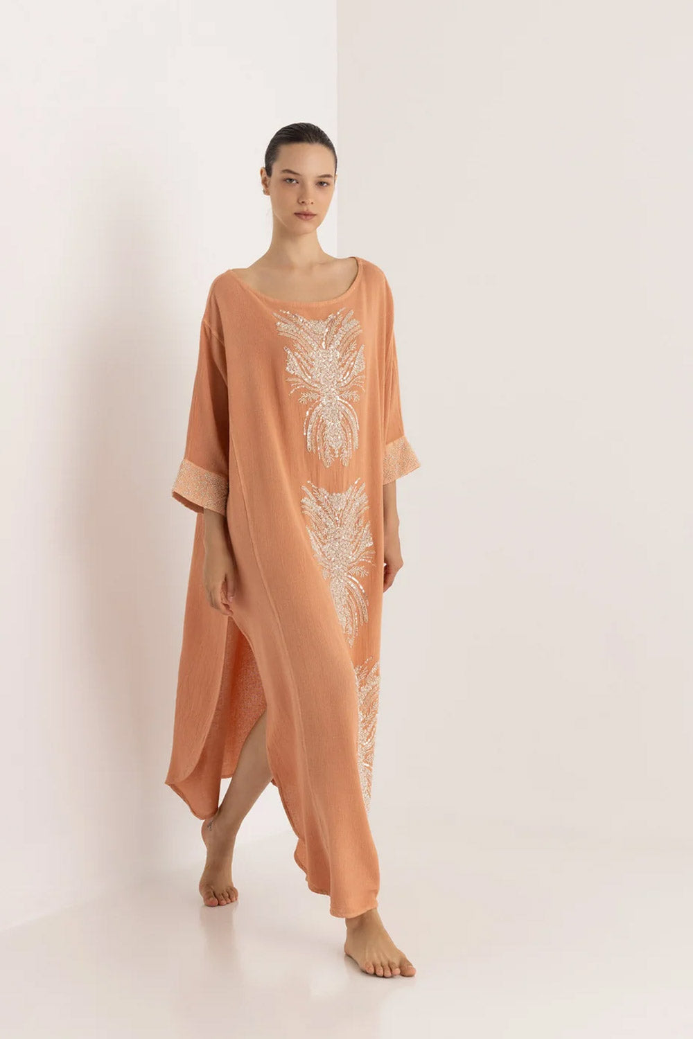 Donna Maxi Caftano CHRISTIAN ZEN Ariadne in Cotone con Perline Pesca
