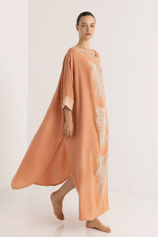 Donna Maxi Caftano CHRISTIAN ZEN Ariadne in Cotone con Perline Pesca