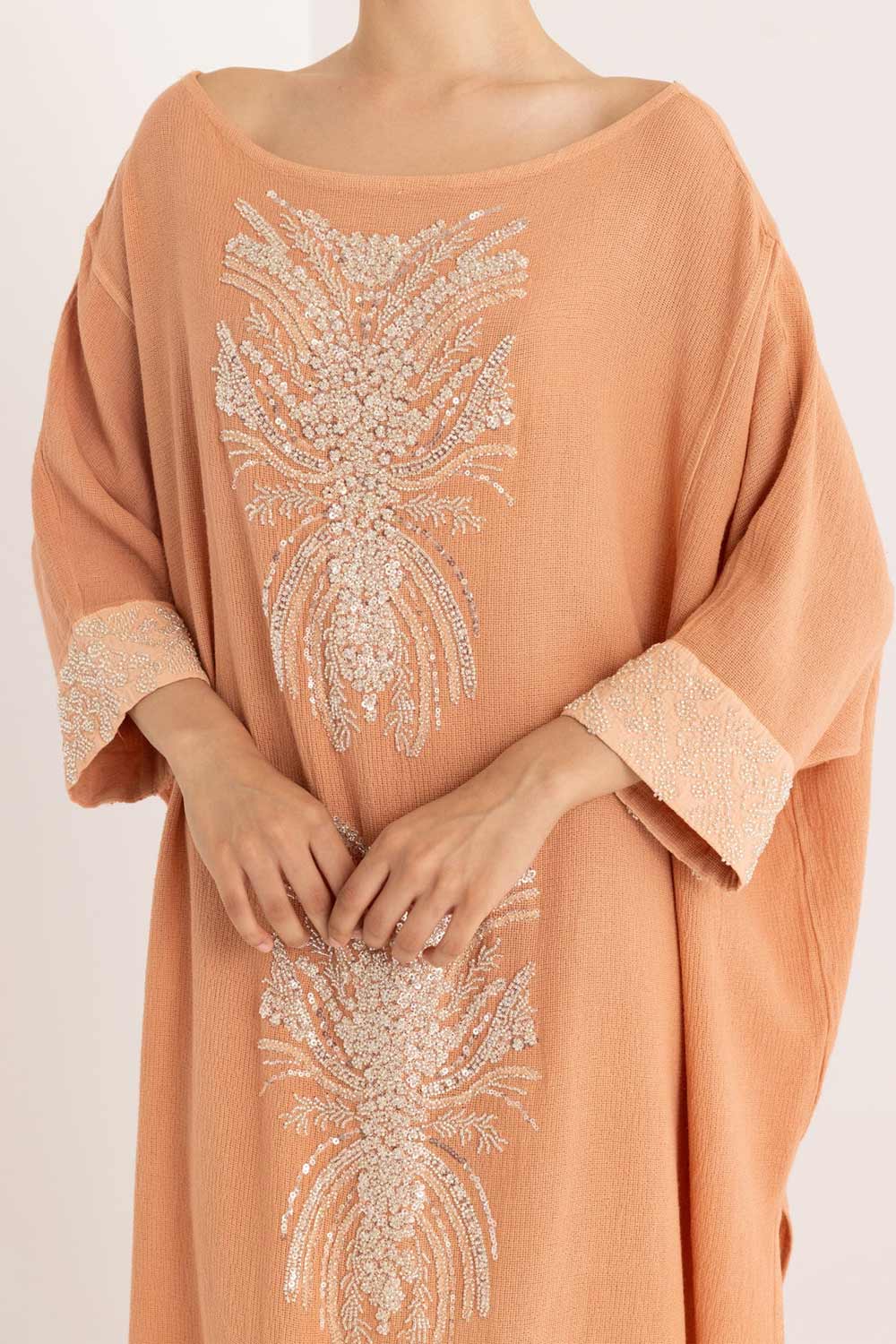Donna Maxi Caftano CHRISTIAN ZEN Ariadne in Cotone con Perline Pesca